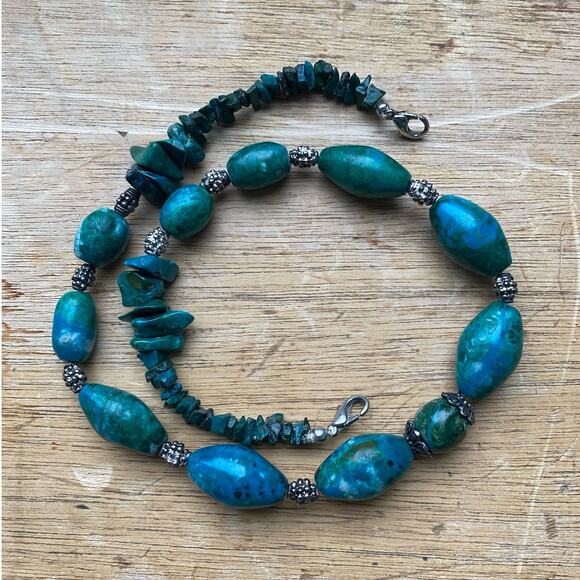 Beautiful Graduated Turquoise Nugget and Chip Bead Choker Necklace 17” Bohemian - Picture 2 of 5